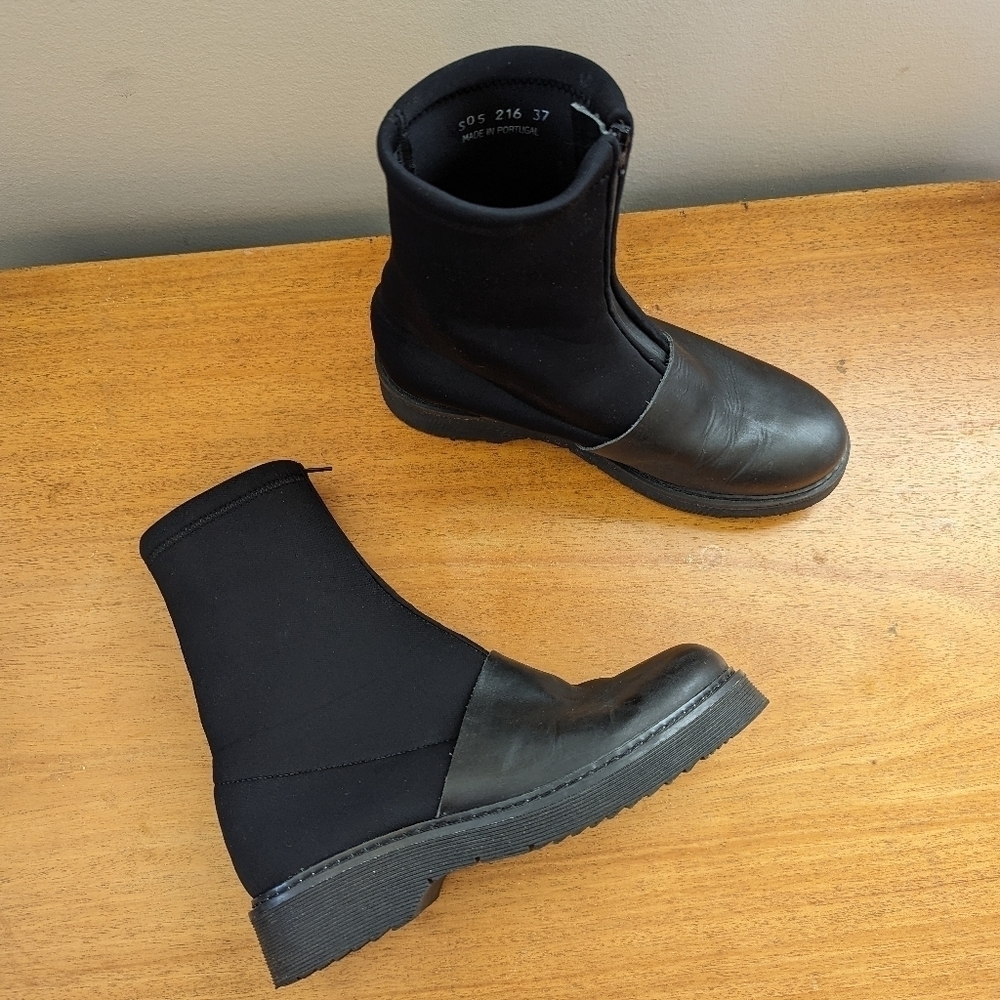 Reality Studio Black Mixed Media Scuba Leather Chunky Sole Combat Boot‎